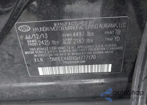 2013 Hyundai Sonata Limited 2.0T из США, поврежденный, VIN 5NPEC4ABXDH777170